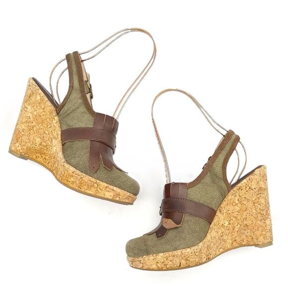 Frye Pepper Kiltie Wedge Sandals Sz 6 Brown Leather Canvas Cork Slingback Buckle - Picture 16 of 16